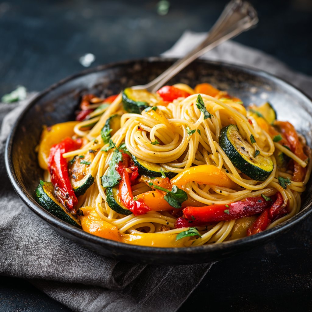 Mittagessen mit Nudeln und Gemüse