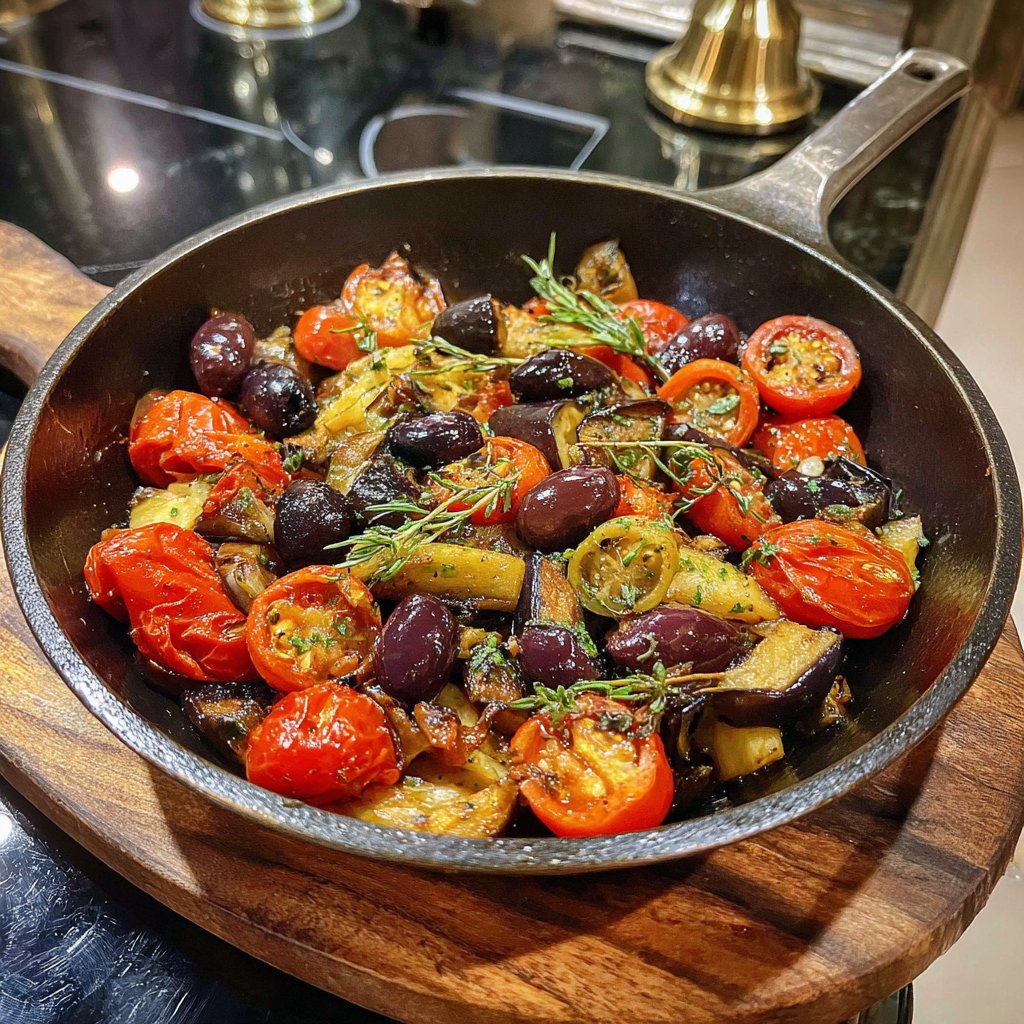 Auberginenpfanne mit Tomaten und Oliven