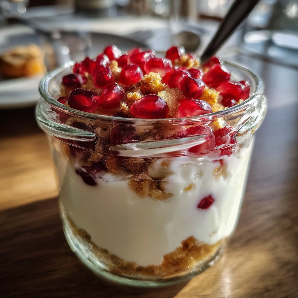 Frühstück im Glas mit Joghurt und Granatapfel