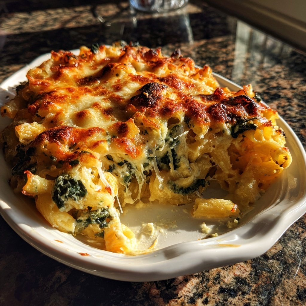 Nudelauflauf mit Mozzarella und Spinat